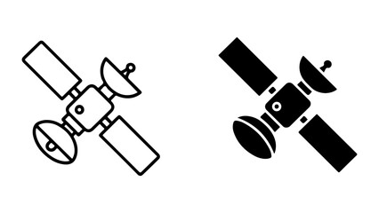 Satellite spacecraft icon set, featuring line art and solid glyph styles for technology and communication concepts, isolated on a white background.