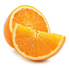 Close-up of a sliced orange, two segments angled, vibrant orange segments on white background