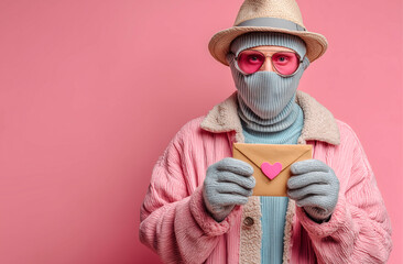 man in pink sunglasses and hat holding envelope with heart on pink background