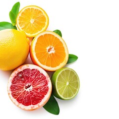 Fototapeta premium Colorful citrus fruit slices arranged on white background. Fresh, vibrant, and juicy slices of orange, lemon, grapefruit, and lime, with green leaves
