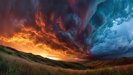 Fiery Dramatic Sunset Over Mountain Range with Storm Clouds