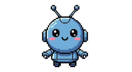 Adorable pixel art kawaii blue robot icon with blushing cheeks and antennae on an isolated background