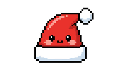 Adorable pixel art Christmas hat icon with a sweet kawaii face and rosy cheeks, perfect for festive designs
