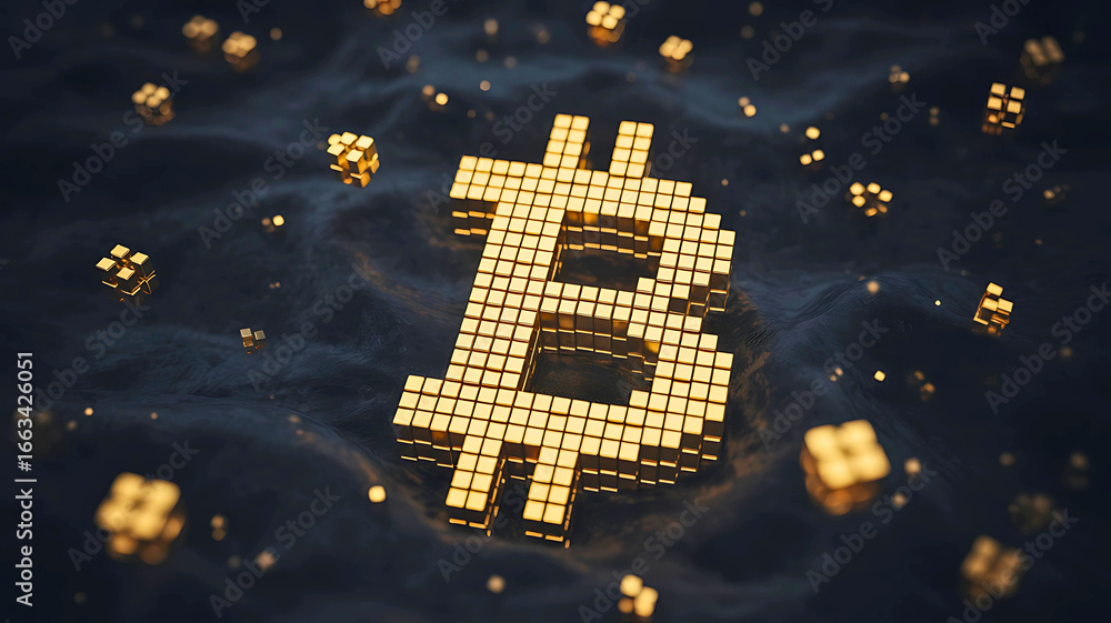Aufkleber golden voxel symbol of digital currency floating in a dark abstract space, representing cryptocurren