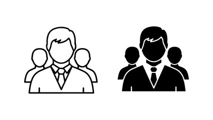 Professional team icon set with three figures in both black outline and solid silhouette styles, isolated on a white background.