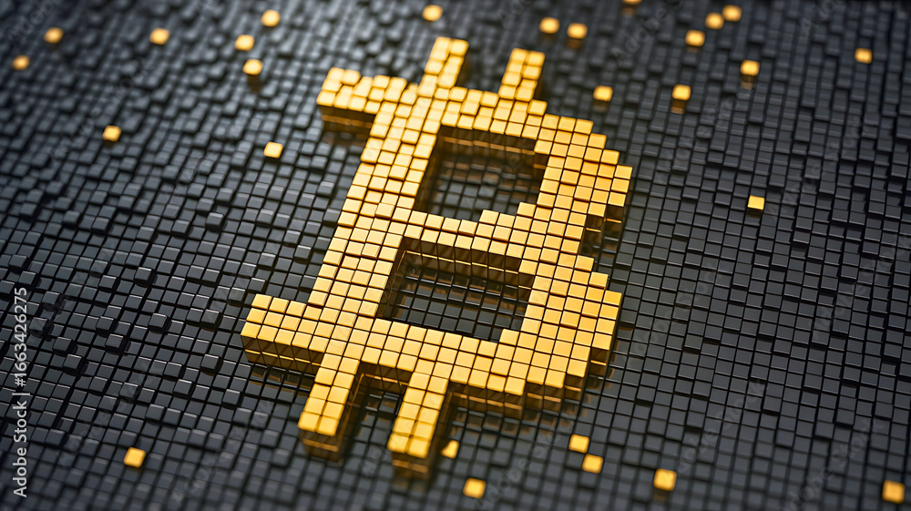 Poster a pixelated golden digital currency symbol representing blockchain technology and virtual finance on
