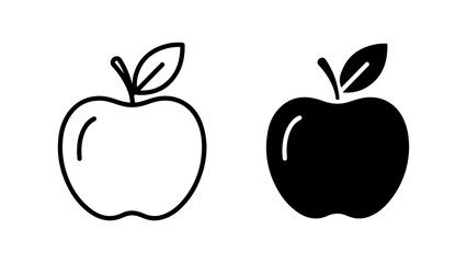 Minimalist Apple Fruit Icons Set, Featuring Outline and Solid Black Glyph Styles Isolated on a White Background