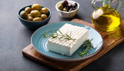 Feta cheese on a pale blue ceramic plate with EVO oil and olives on wooden cutting board on gray table. Generated image