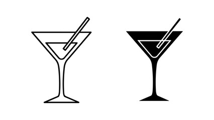 Cocktail glass icon set in outline and solid styles. Minimalist vector illustration of a martini drink with a straw, isolated on a white background.