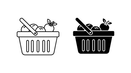 Set of Shopping Basket Icons with Fruit, Line Art and Solid Glyph Styles, Vector Illustration on a White Background