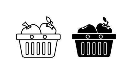 Shopping Basket Icon Set with Fresh Vegetables in Line and Glyph Styles, Isolated on a White Background