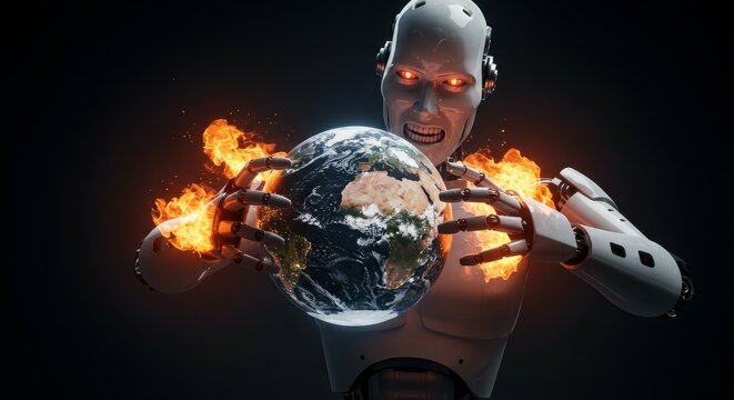 Evil robot holding the burning Earth, symbolizing destruction and apocalyptic future
