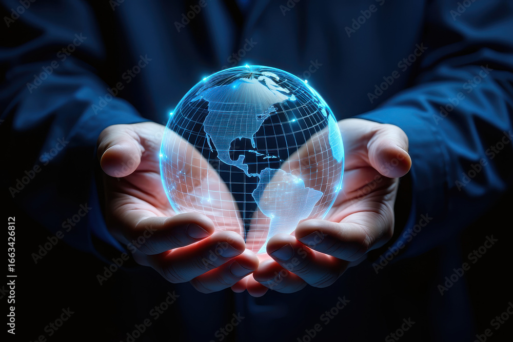 Poster hands holding a glowing digital earth globe with visible continents and grid lines in a dark setting