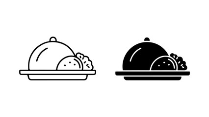 Food Platter Icon Set with Serving Cloche, Line and Glyph Styles on a White Background