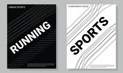 Sports. Running. Minimalist. A modern black and white vector poster template set with dynamic abstract lines for an event flyer, a magazine cover, or a sports brand's promotion design.