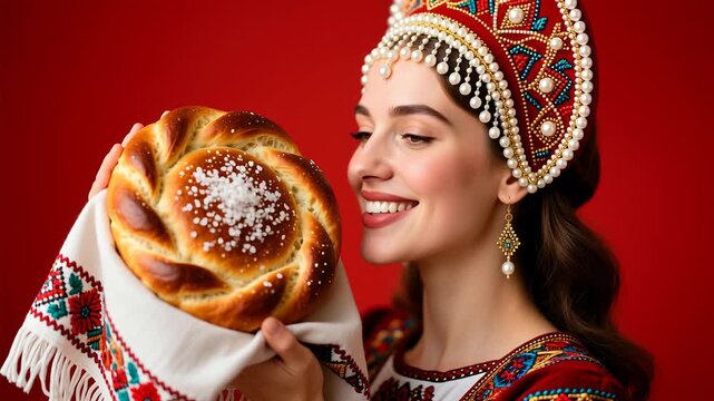 Hyper-real close-up portrait of a beautiful woman in a pearl-trimmed kokoshnik holding a round karavai on an embroidered rushnyk