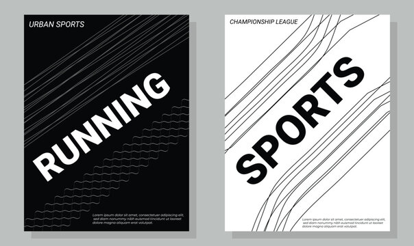 Sports. Running. Minimalist. A modern black and white vector poster template set with dynamic abstract lines for an event flyer, a magazine cover, or a sports brand's promotion design.
