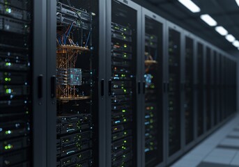 Advanced network infrastructure in a modern data center, showcasing rows of interconnected server racks and computing hardware for cloud technology operations and secure digital information storage