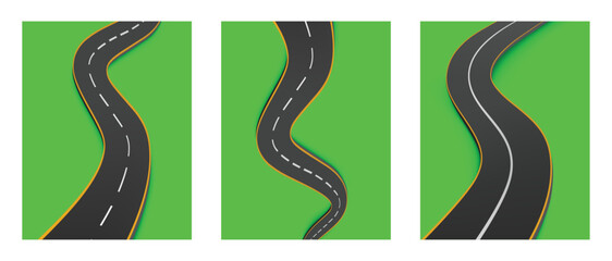 Road. Journey. Infographic. A realistic vector set of three winding asphalt roads from a top-down view for a presentation, a roadmap diagram, or a business strategy concept design.