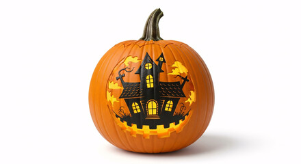 Close up of a carved pumpkin with a haunted house design on a white background for halloween decor
