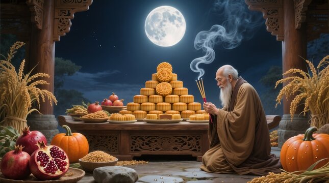 Mid-Autumn Festival traditional ceremony with mooncakes, incense, and harvest under the full moon