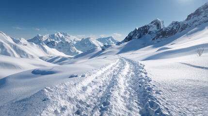 Obraz premium Snowy Mountain Path with Tire Tracks and Distant Peaks