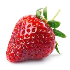 Single, vibrant red strawberry, glossy surface with tiny seeds, fresh green leaves, and stem