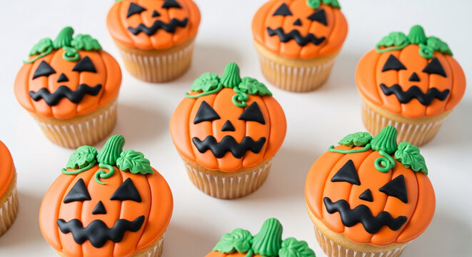 Arrangement of halloween themed cupcakes with orange pumpkin frosting and black facial features - Powered by Adobe