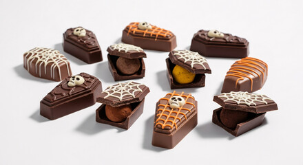 Assortment of halloween themed chocolate coffins with skull and spiderweb decorations on white background