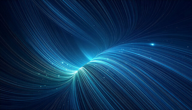 Futuristic abstract illustration of glowing blue light trails resembling neural connections flowing through a natural landscape with trees and grass, harmony between artificial intelligence and nature