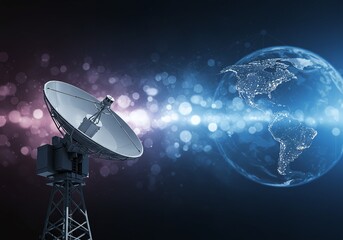 Satellite dish broadcasting a signal towards the planet Earth, representing global communication and technological advancement in a futuristic setting