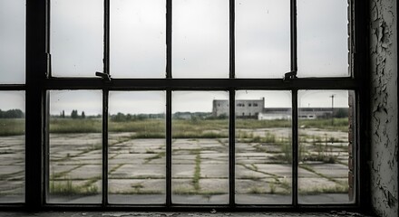 Abandoned industrial facility under cloudy sky seen through a dirty window