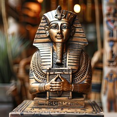Egyptian golden statue holding a box, pharaoh's tomb Close-up