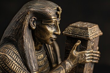 Obraz premium Egyptian golden statue holding a box, pharaoh's tomb Close-up