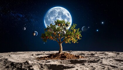 A surreal digital artwork depicting a tree with oranges growing on the moon in space.