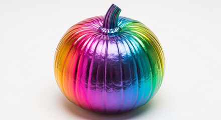 Close up of a vibrant rainbow colored pumpkin with a glossy finish on a white surface studio shot