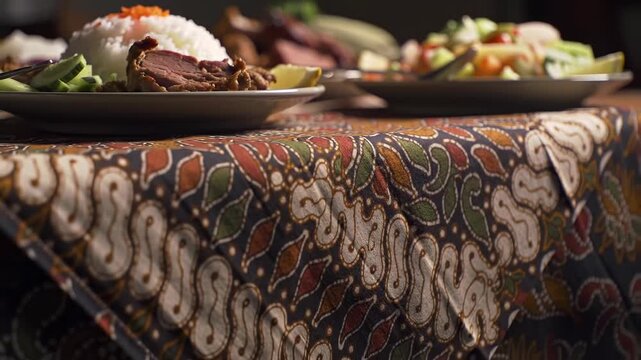 Traditional meal with meat and rice on patterned table cloth