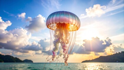 A giant jellyfish floats serenely above the ocean at sunset.