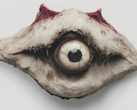 AI-generated horror video: Close-up of a grotesque one-eyed monster creature with fleshy, bone-like textures and a large, realistic eye staring forward. Perfect for a Halloween theme