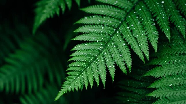 Green fern leaf with water droplets on dark background, fresh vibrant green foliage, natural texture, peaceful nature close up with dew droplet beauty