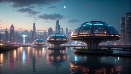 Obraz premium Futuristic city skyline featuring domeshaped buildings by water. Perfect for scifi, urban development, and future societythemed projects.