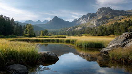 Fototapeta premium Beautiful mountains reflecting in a tranquil meadow