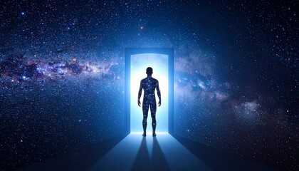 Obraz premium Man standing in a doorway to space, a portal to another dimension.