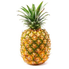 Fresh pineapple, bright yellow-gold skin with green spiky crown, isolated on white