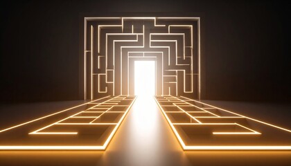 A glowing neon maze with a bright light at the end of a long, illuminated path, symbolizing challenge and discovery.