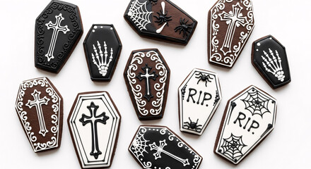 Assortment of decorated coffin shaped cookies for halloween on a white surface in a studio setting