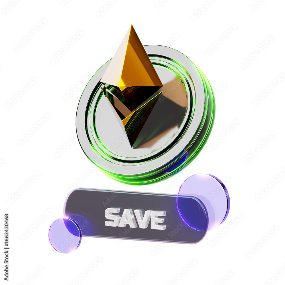 Aufkleber 3d render of a cryptocurrency coin symbol with a 'save' button and abstract glass elements.