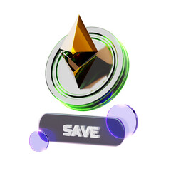 3D render of a cryptocurrency coin symbol with a 'SAVE' button and abstract glass elements.