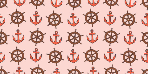 cute hand drawn nautical seamless vector pattern illustration with brown ship rudder and red anchor on pink background