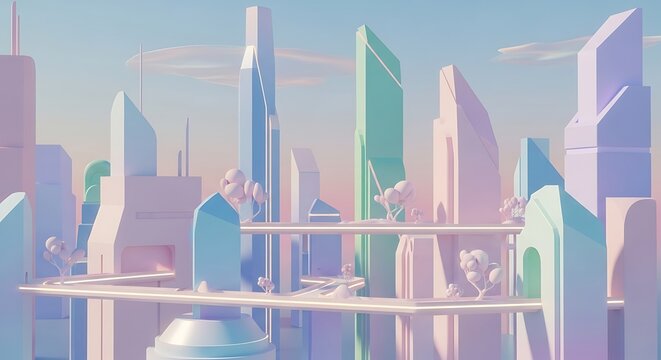 Futuristic Pastel Skyscraper Cityscape with Sky Bridges